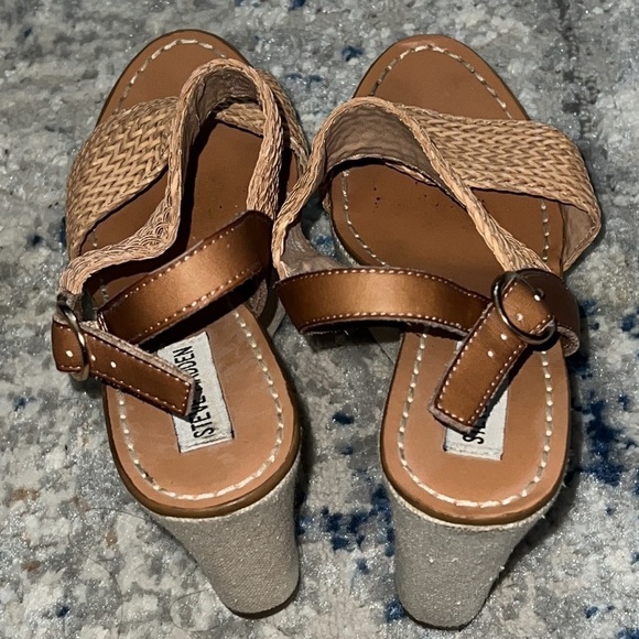 Steve Madden Engel platform heels sling back straps natural fabric wedges Sz 10 - Picture 5 of 6